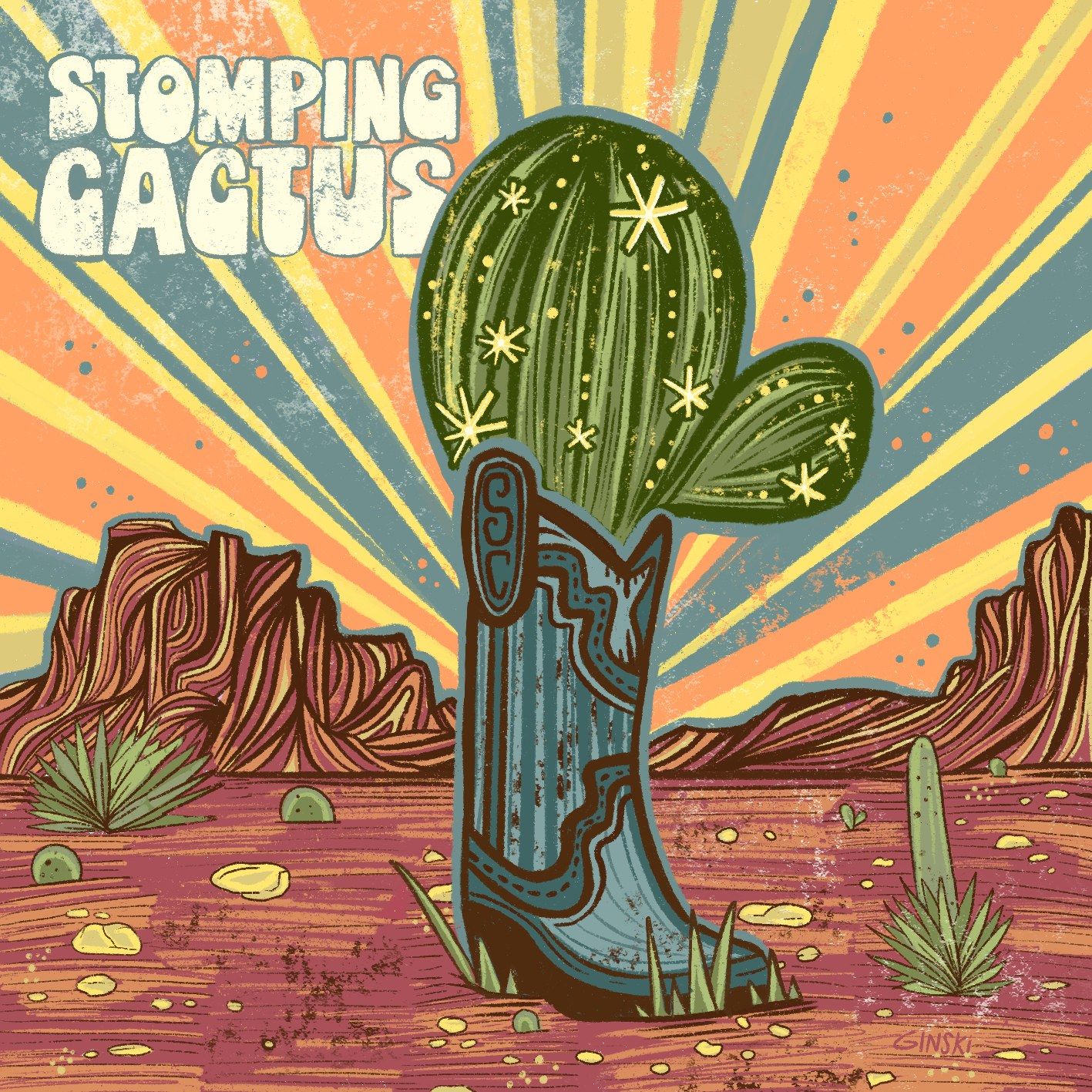 Stomping Cactus album cover by Ginny Cunningham: a cactus growing out of a teal cowboy boot in front of a sunburst