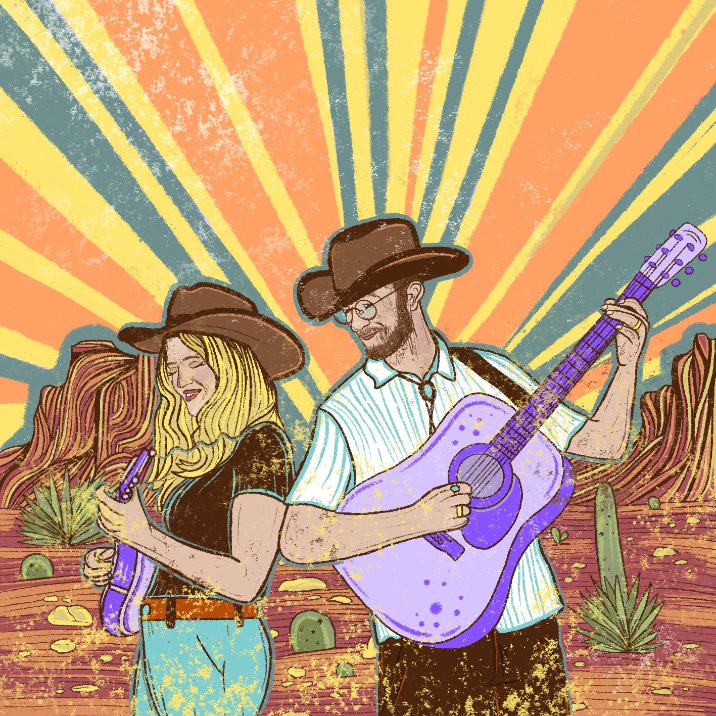 Illustration of Brielle and Isaac playing mandolin and guitar